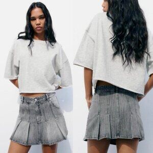 Zara Denim Box Pleat Skirt In Light Gray Size Small